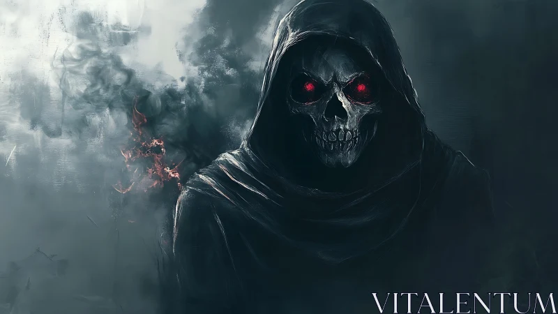 Red-eyed reaper in stormed mist, cloaked in midnight dread.