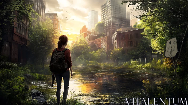 Post apocalyptic city flooded with overgrown nature reclaiming ruins.