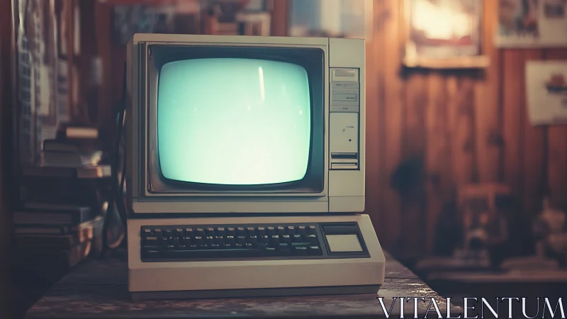 Cozy retro computer glowing softly in a wood paneled room.