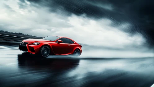 Red sports coupe powers through wet track under stormy sky.