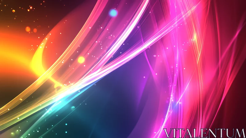 Colorful light streaks curve across a dark gradient background