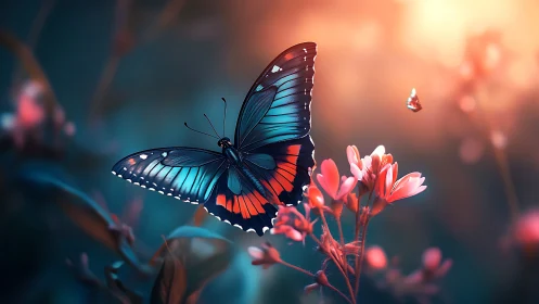 High-saturation macro study of blue-red butterfly on flowers