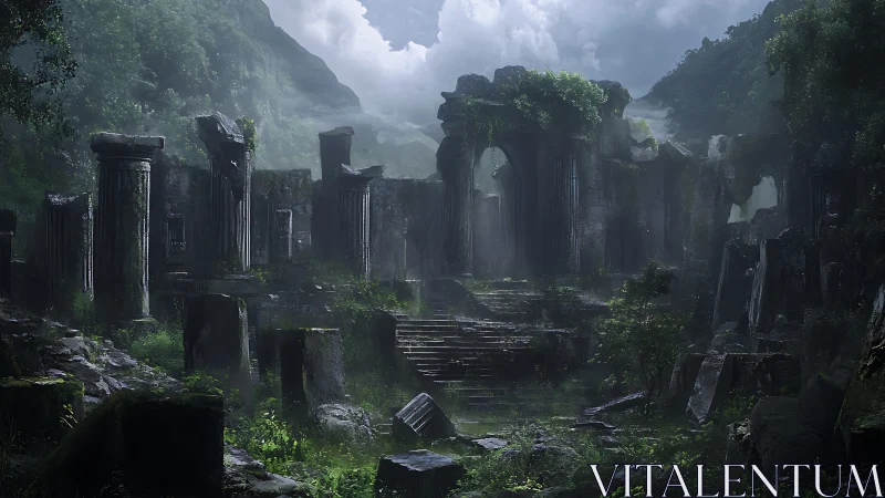 Mystical jungle ruins wrapped in mist and quiet memory.