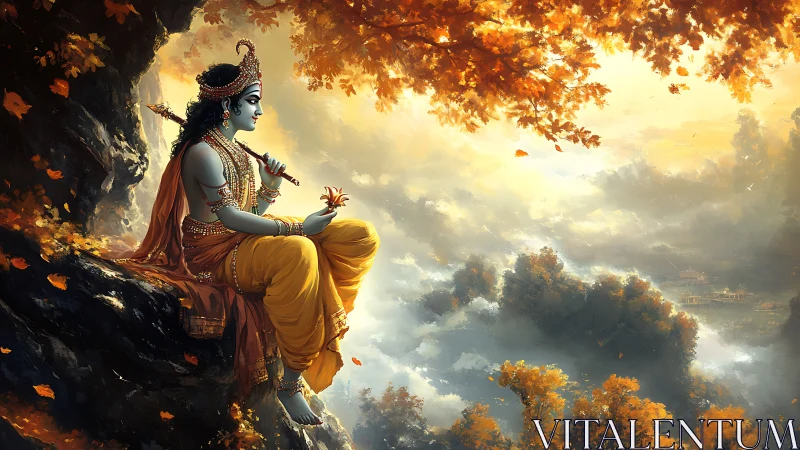 Serene blue figure resting above a golden cloud valley.