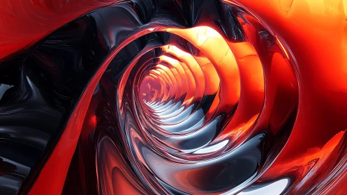Curved metallic tunnel with red and black reflective forms.