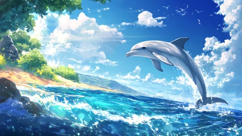 High-energy dolphin breach rendered in stylized coastal seascape light