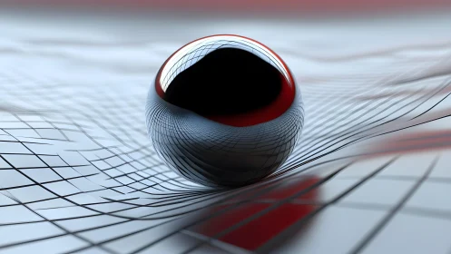 Reflective sphere distorting a grid surface in abstract digital art.