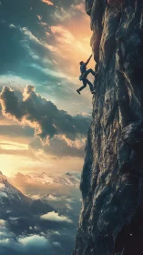 Solitary climber on vertical rock face at high altitude.