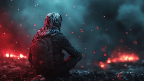 Solitary figure watches burning battlefield under smoky sky