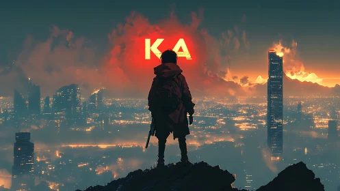 Lone wanderer surveys neon city under blazing KA sign
