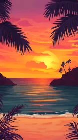 Tropical shoreline sunset with silhouetted palm foliage.