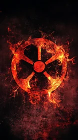 Circular emblem rendered as fiery radial symbol on black field