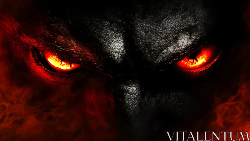 Glowing red demonic eyes in close frontal composition.