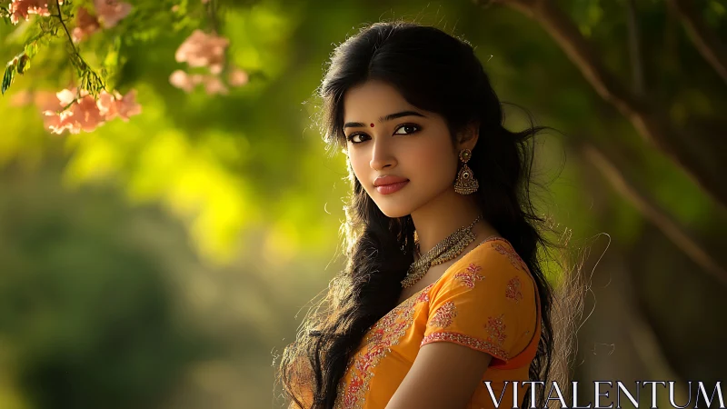 Woman in yellow sari poses outdoors under soft green light