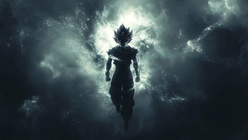Backlit anime warrior silhouette within stormlit energy field.