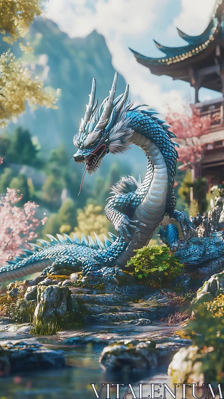 Blue dragon beside traditional pavilion in mountain garden.
