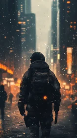 Armored operative in neon-lit snowstormed megacity corridor