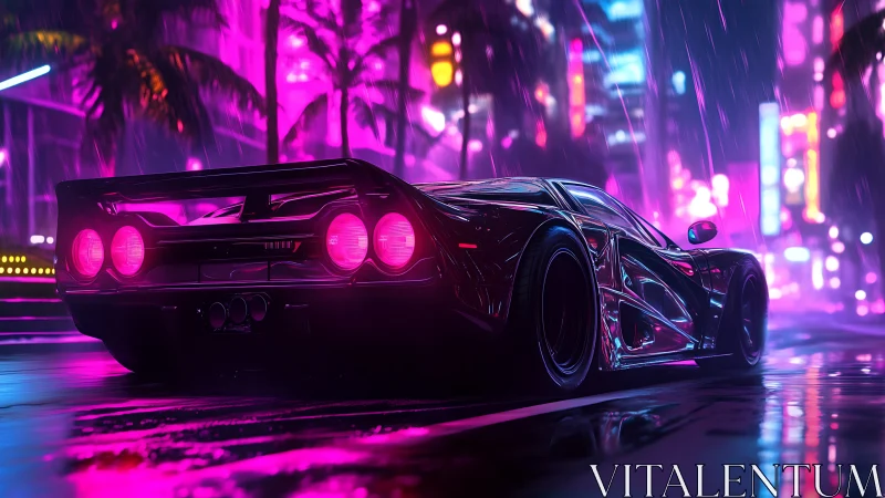 Sleek sports car on neon soaked cyberpunk city street.