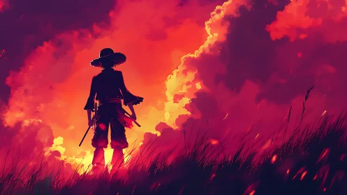 Silhouetted swordsman stands before intense orange clouds