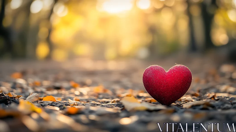 Red heart-shaped object on autumn ground with blurred forest.