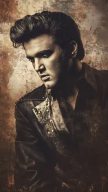 Grunge-textured portrait of retro rock singer in leather jacket.