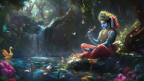 Blue-skinned figure meditates by forest pond with waterfall