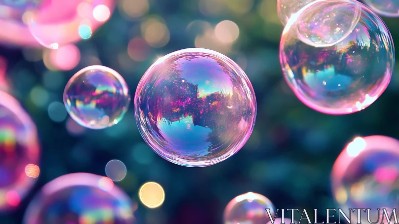 Iridescent soap bubbles floating in colorful bokeh field.