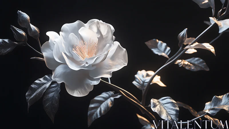 White peony blooms against dramatic darkness with golden light.