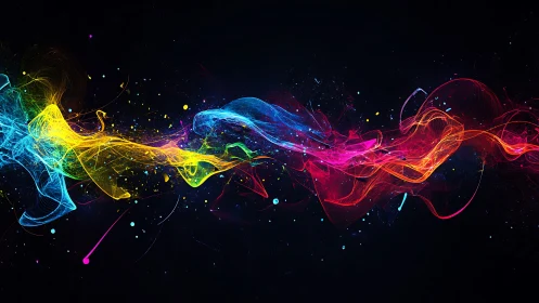 Multicolored light trails on dark background in motion.