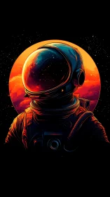 Neon space explorer silhouette before blazing red sun.