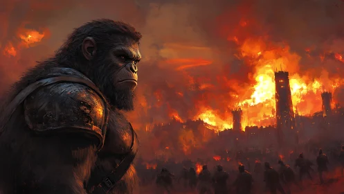 Armored ape commander stands before burning fortress city