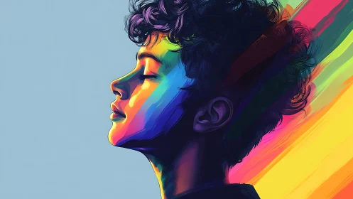 Profile portrait immerses closed-eyed figure in prismatic light