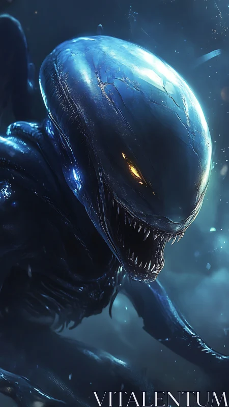 Otherworldly alien creature glows in deep cosmic shadows.