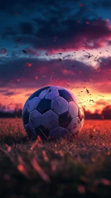 Soccer ball on grass field under vivid sunset sky period