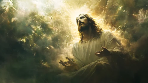 Radiant holy figure ascends through luminous golden clouds.