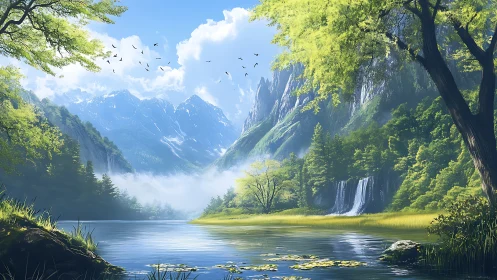 Mountain valley lake reflects forested cliffs and waterfalls