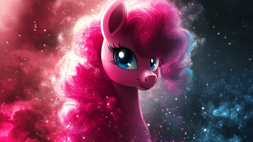 Neon pink cartoon pony amid swirling cosmic clouds.