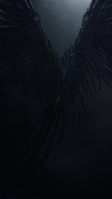 Dark feathered wings extend symmetrically in a night sky