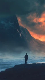 Solitary figure surveys misty seascape beneath looming volcanic cliffs