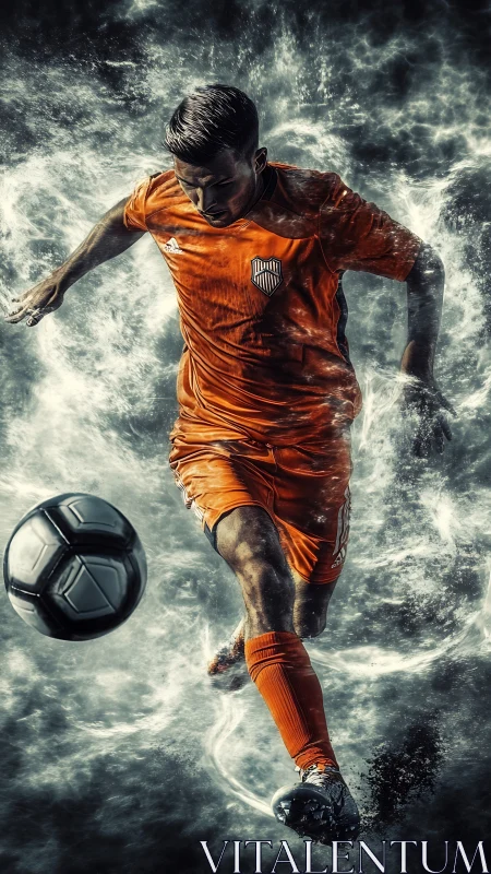 Dynamic soccer forward drives ball through swirling vapor