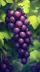 Sunlit purple grapes hang ripe among lush green vineyard leaves