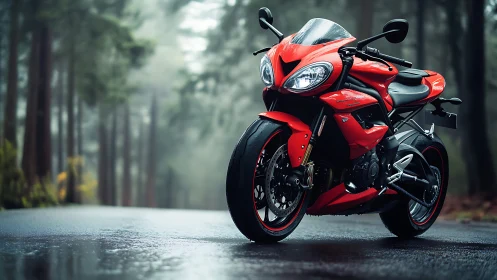 Bold red motorcycle waiting on a misty forest road.