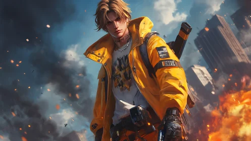 Armed figure in yellow jacket amid burning city ruins.