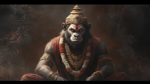 Anthropomorphic simian deity in ornate regal armor, smoky backdrop
