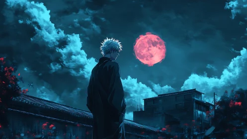 White haired figure observes red moon above urban rooftops