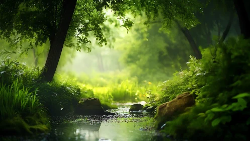 Forest stream with verdant canopy creating luminous atmospheric perspective