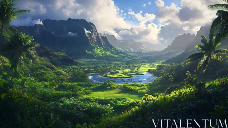 Lush tropical valley with river island rendered in high dynamic range