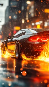 Sports car on wet city street with fiery wheel trails.