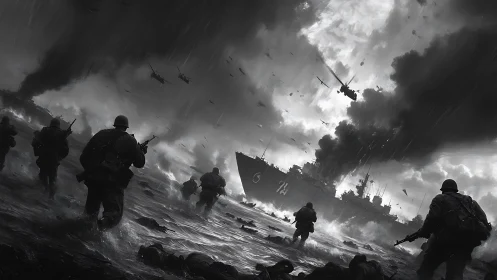 Monochrome amphibious assault scene in cinematic photorealism.