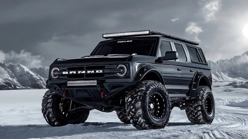 Black lifted SUV conquers icy alpine landscape in HDR rendering.